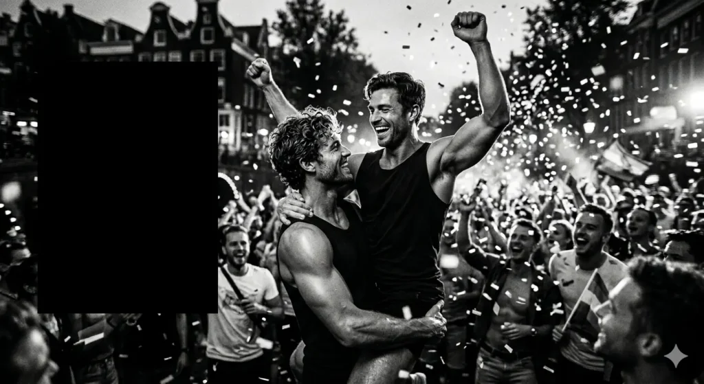 "Pareja de hombres gay atractivos disfrutando del worlpride -europride 2026 en Amsterdam."