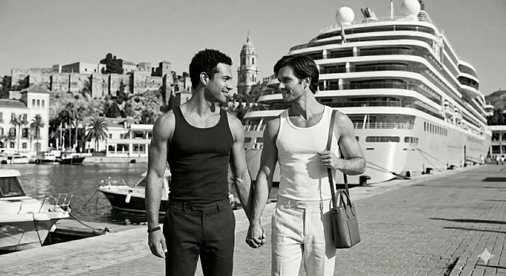 "Pareja de hombres gay disfrutando de crucero por el mediterráneo."