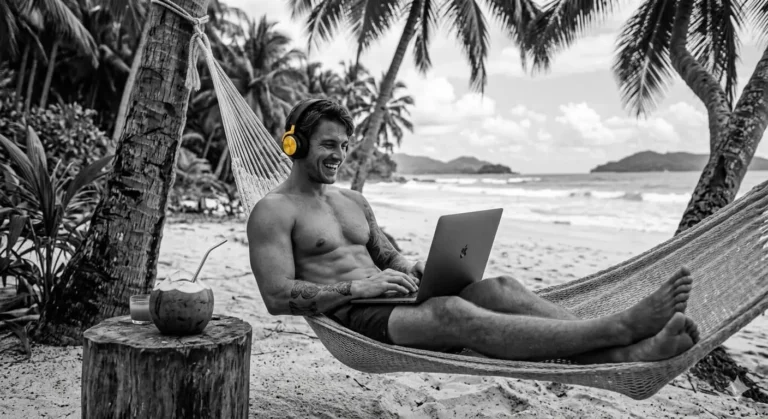 Hombre atlético en shorts con computadora portátil y audífonos dorados en una hamaca que pende de palmeras frente al mar.