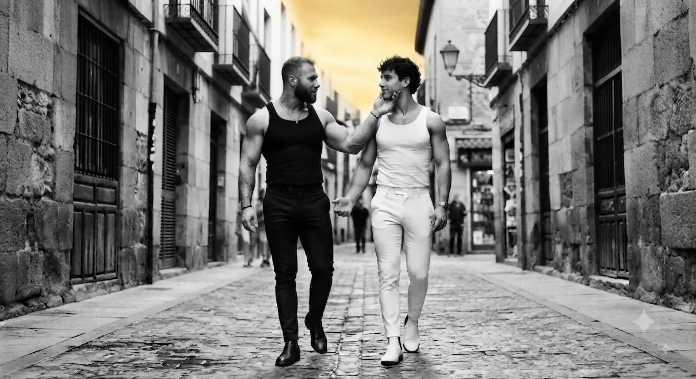 Pareja de hombres gais caminando por una calle empedrada. Uno de ellos toca el rostro del otro.