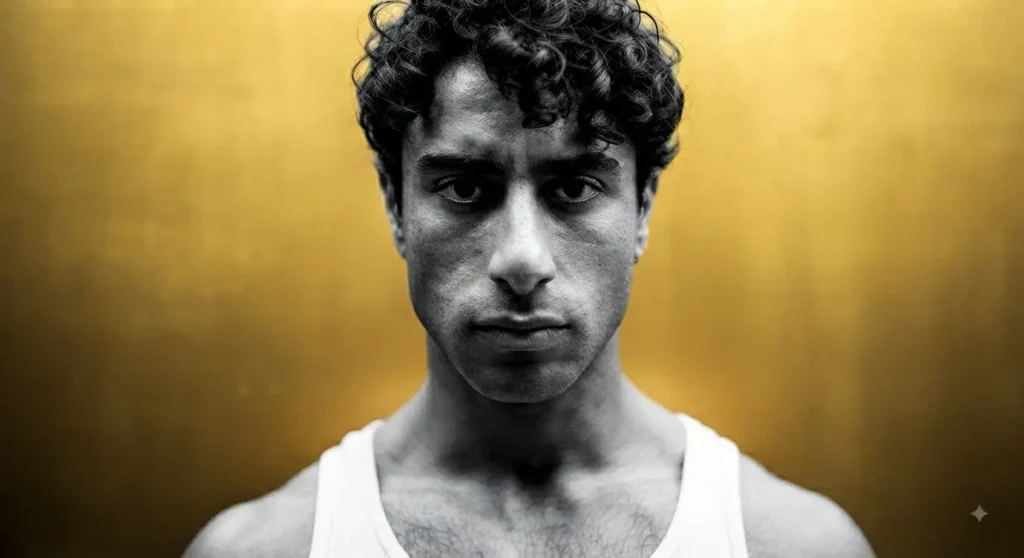 Retrato de hombre joven con tank top blanco sobre fondo dorado.