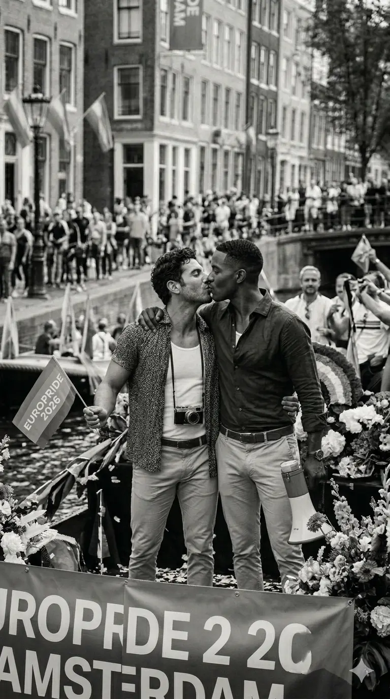 "Pareja de hombres gay en Ámsterdam 2026."