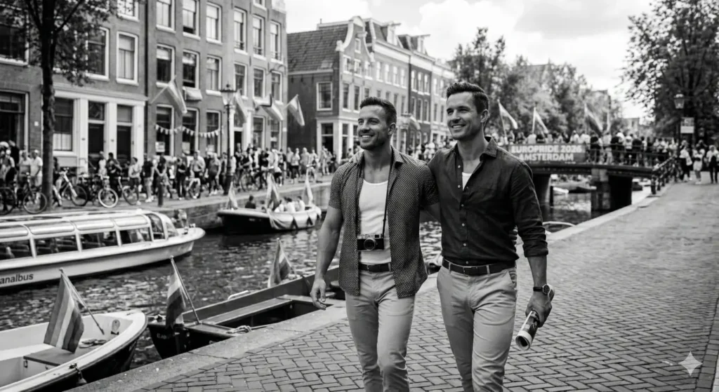 "Pareja de hombres gay en Ámsterdam."