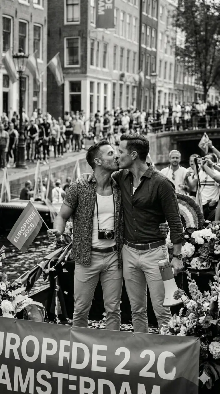 "Beso de pareja gay en Ámsterdam."
