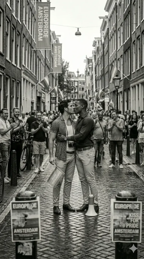 "Beso de pareja gay Ámsterdam."