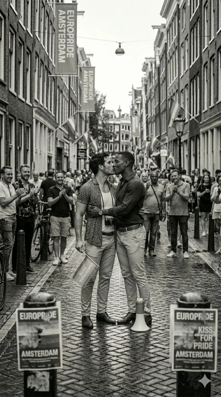 "Beso de pareja gay Ámsterdam."