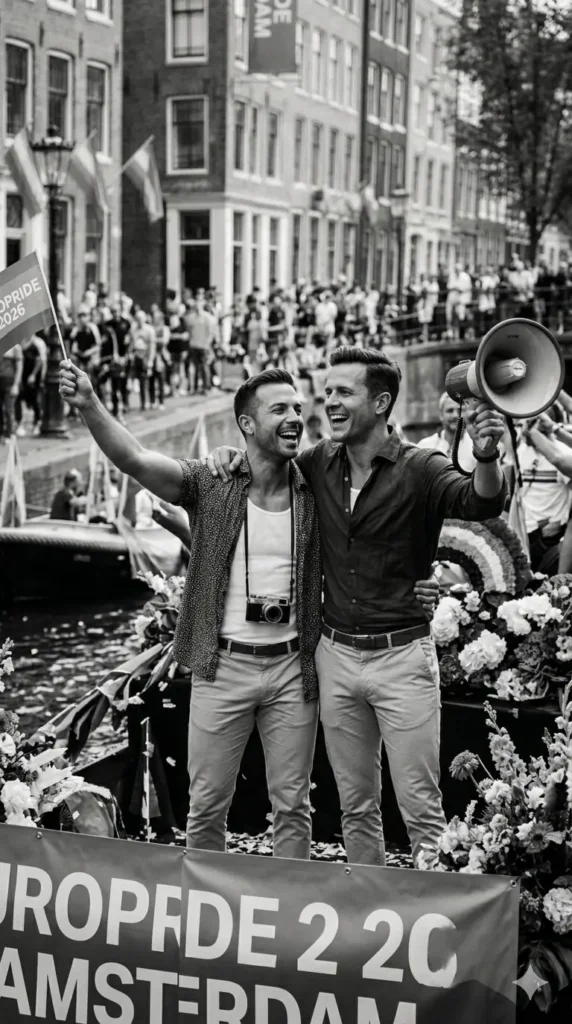 "Pareja de hombres gay celebrando el pride en Ámsterdam."