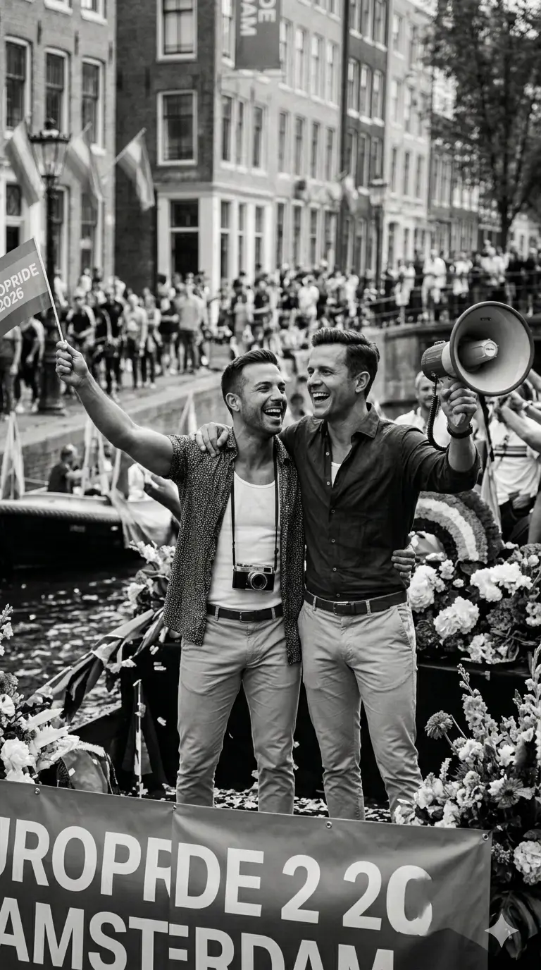 "Pareja de hombres gay celebrando el pride en Ámsterdam."