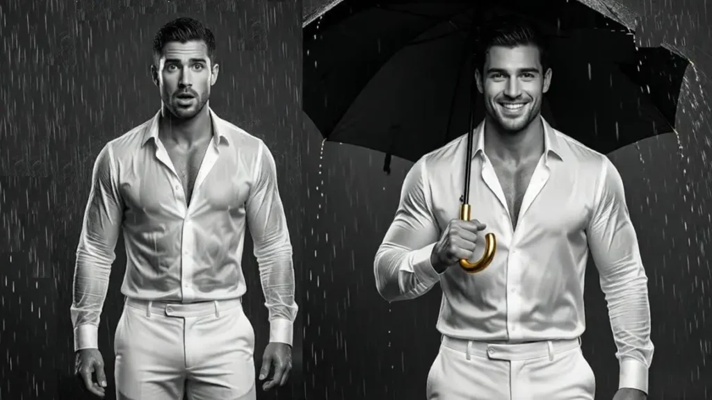 "Pareja de hombres gay musculosos y atractivos. Vestidos en forma elegante muestran las ventajas de la protección y la prevención. PrEP , condones y salud sexual"
