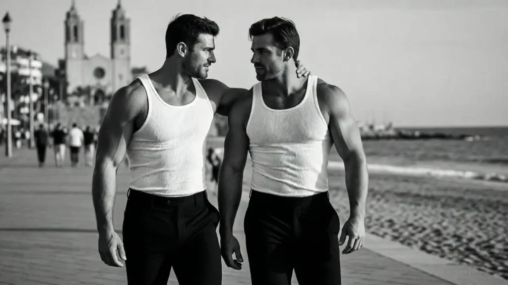 "Pareja de hombres gay musculosos pasea por Sitges compartiendo momentos felices."