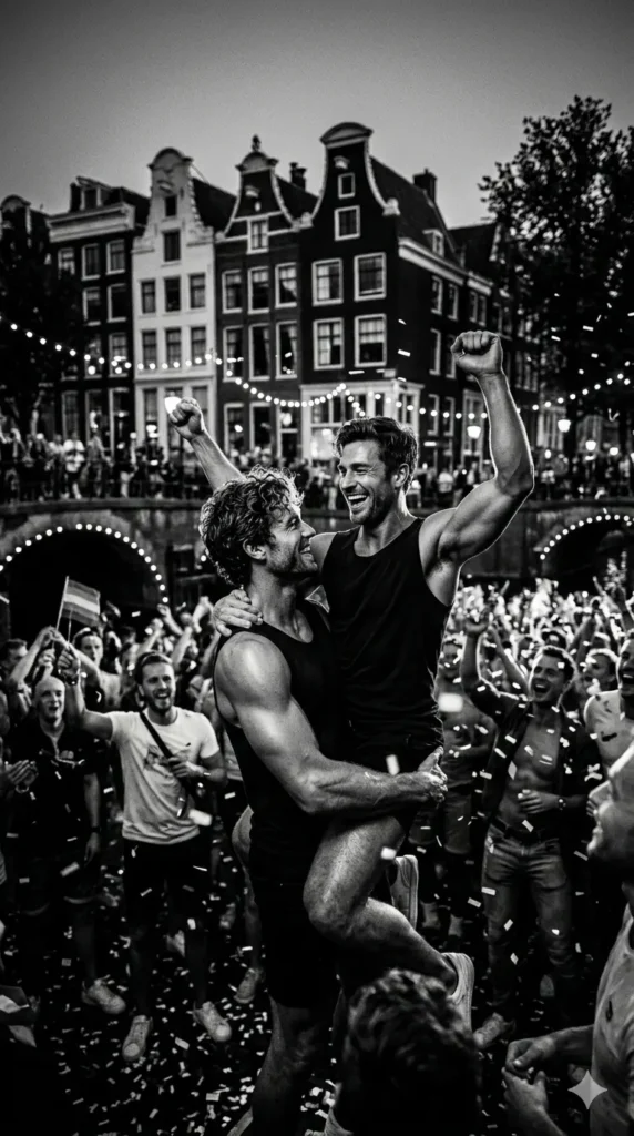 "Pareja gay celebrando el worldpride en Ámsterdam 2026."
