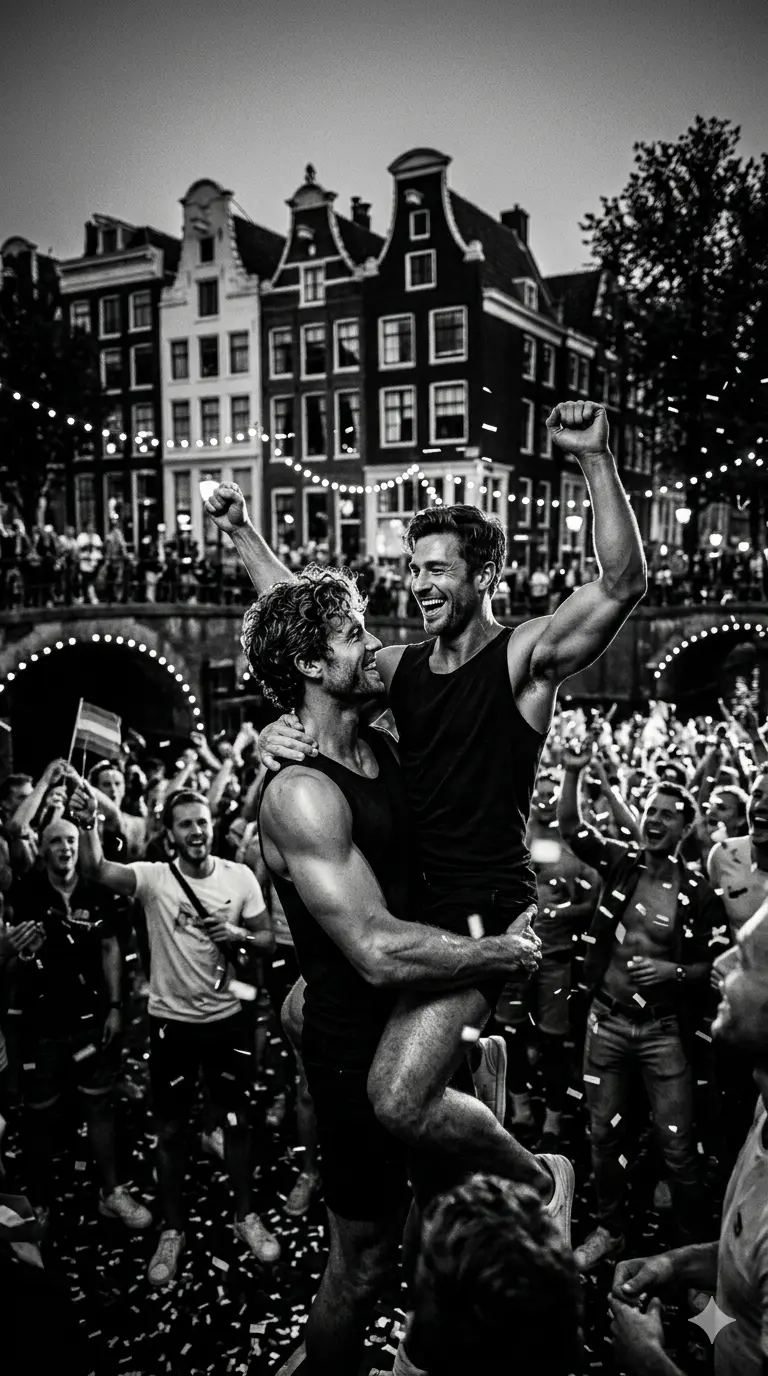 "Pareja gay celebrando el worldpride en Ámsterdam 2026."