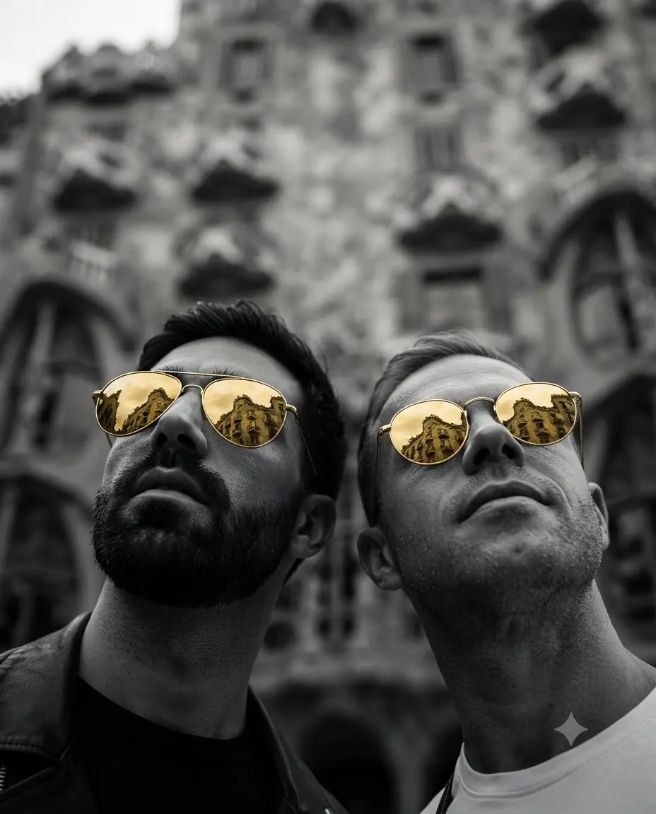 Dos hombres frente a la fachada de un edificio de Gaudí en Barcelona.
