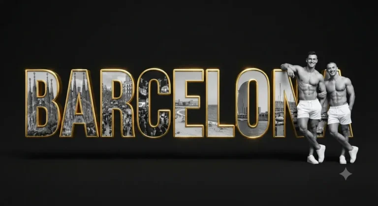 Letras doradas en 3D formando la palabra Barcelona, con dos hombres apoyados junto al texto.