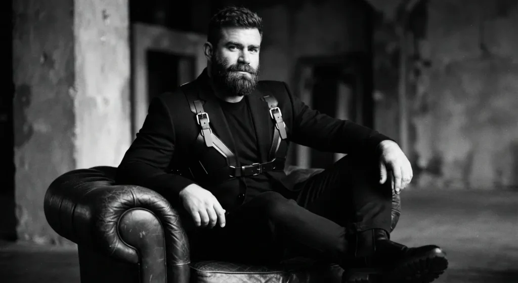 Hombre con barba , traje negro y arnés. Sentado en un sillón negro de cuero.