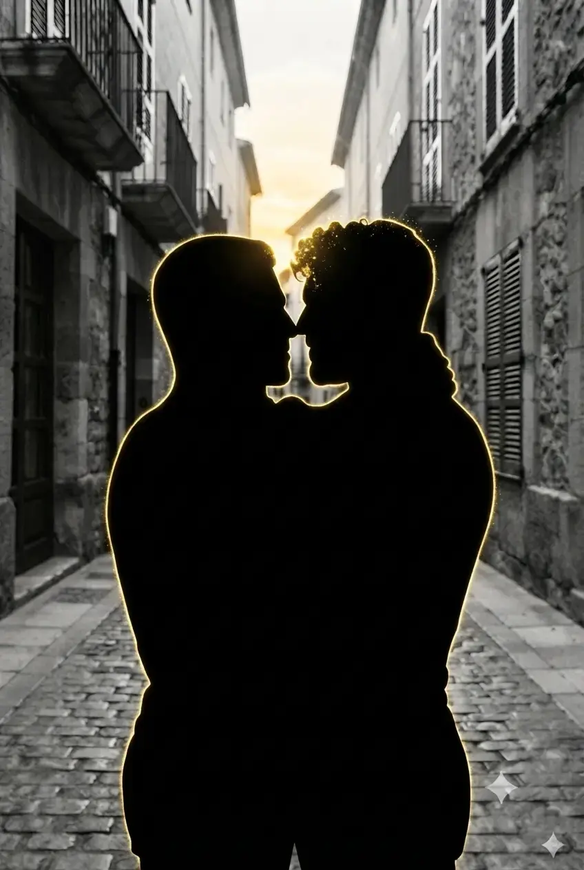 Siluetas de una pareja de hombres gay besándose en un callejón al atardecer.