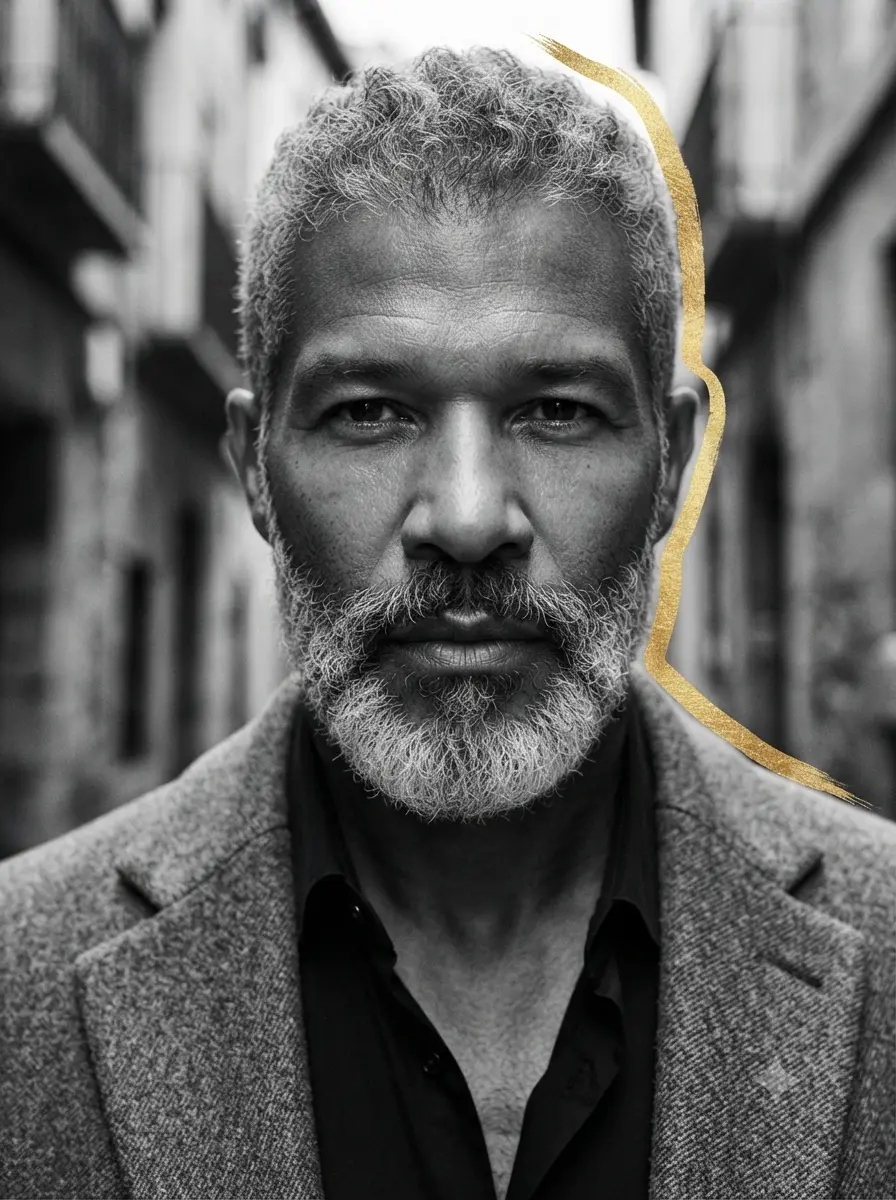 Hombre gay mayor con barba canosa y contorno dorado, símbolo de identidad propia.