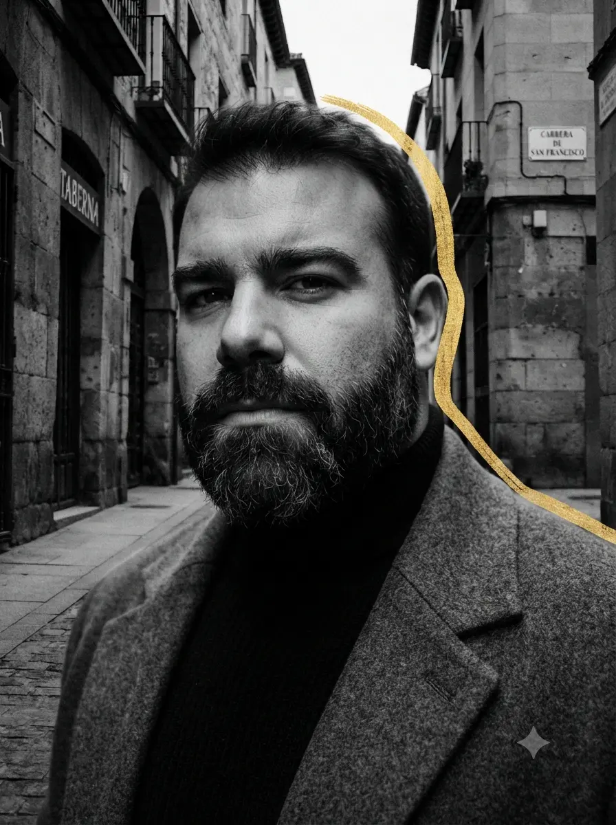 Hombre gay de barba oscura con contorno dorado, retrato en una calle antigua.