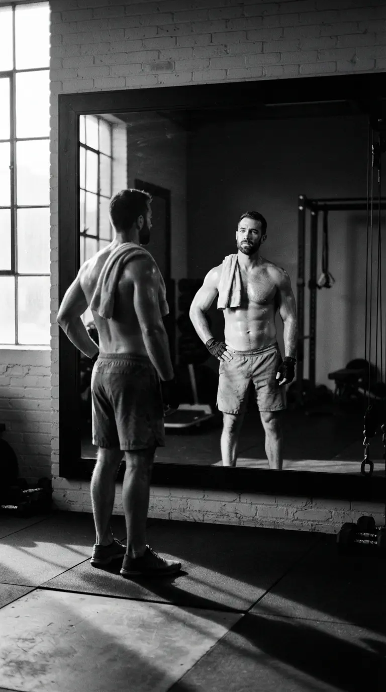 Hombre musculado con toalla al hombro mirando su reflejo en el espejo del gimnasio