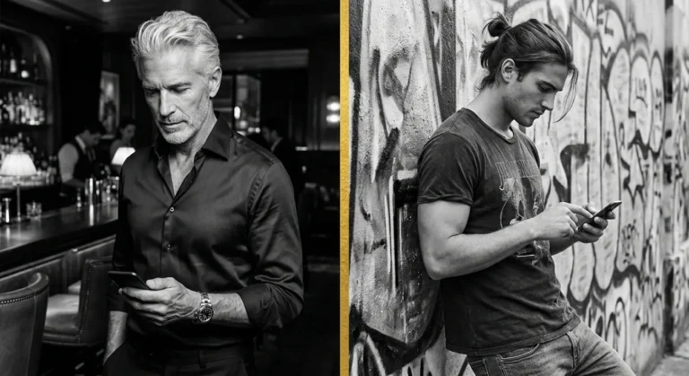 Dos hombres en fotos comparadas mirando el móvil, uno en un bar y otro junto a un muro con grafitis.