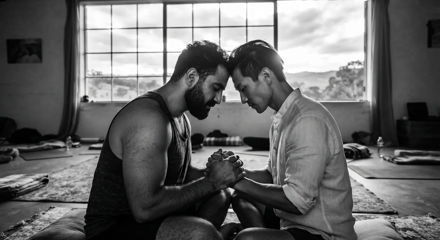 Dos hombres frente a frente con las manos entrelazadas en una sesión de breathwork.