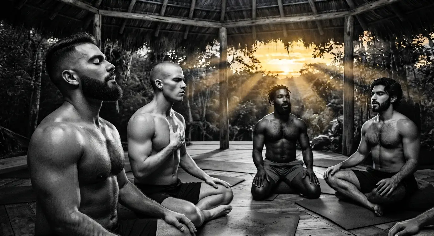 Grupo de 4 hombres de distintas procedencias en círculo de breathwork al atardecer.