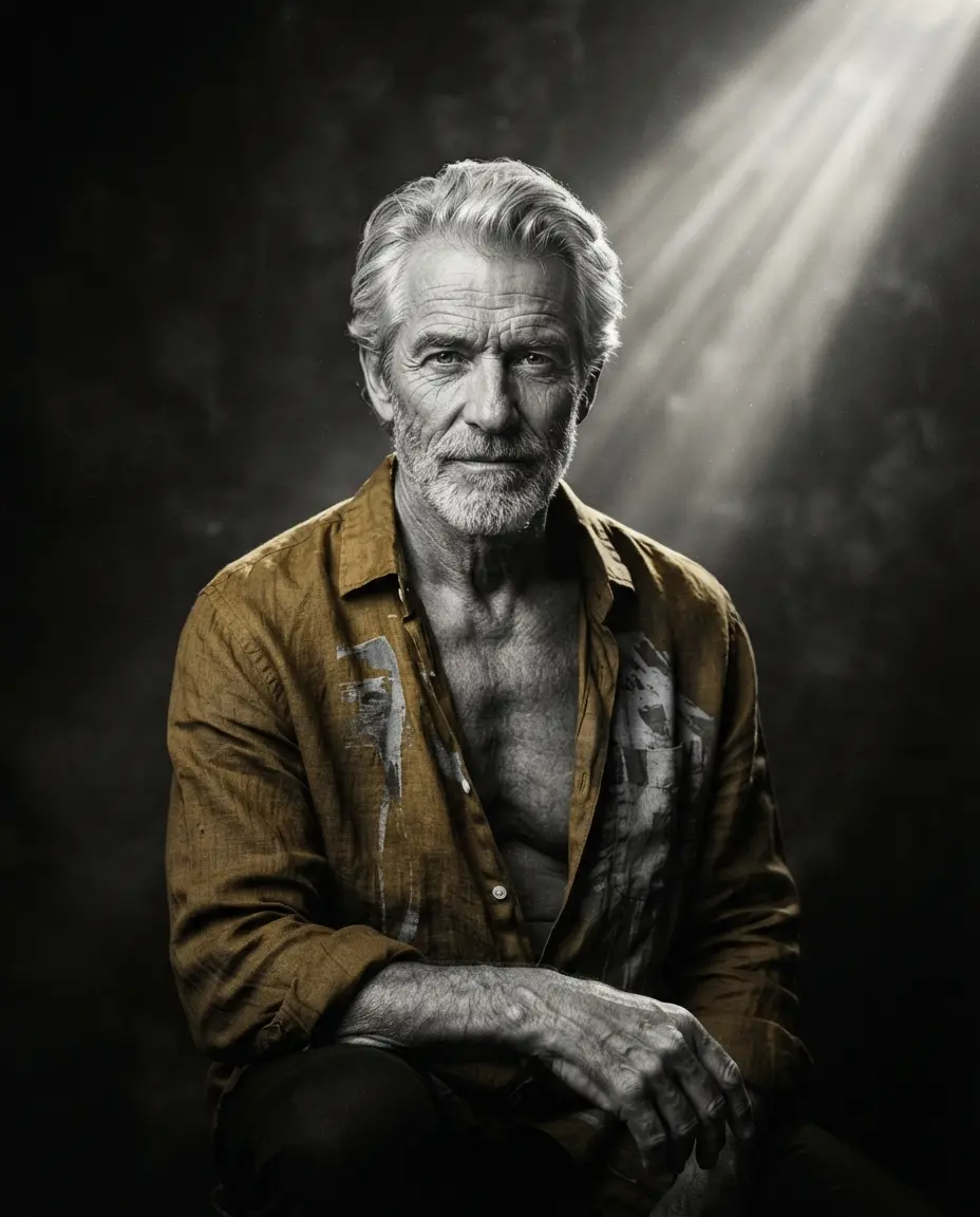 Hombre gay mayor con barba canosa y camisa mostaza, retrato sereno reflejando madurez y criterio propio.