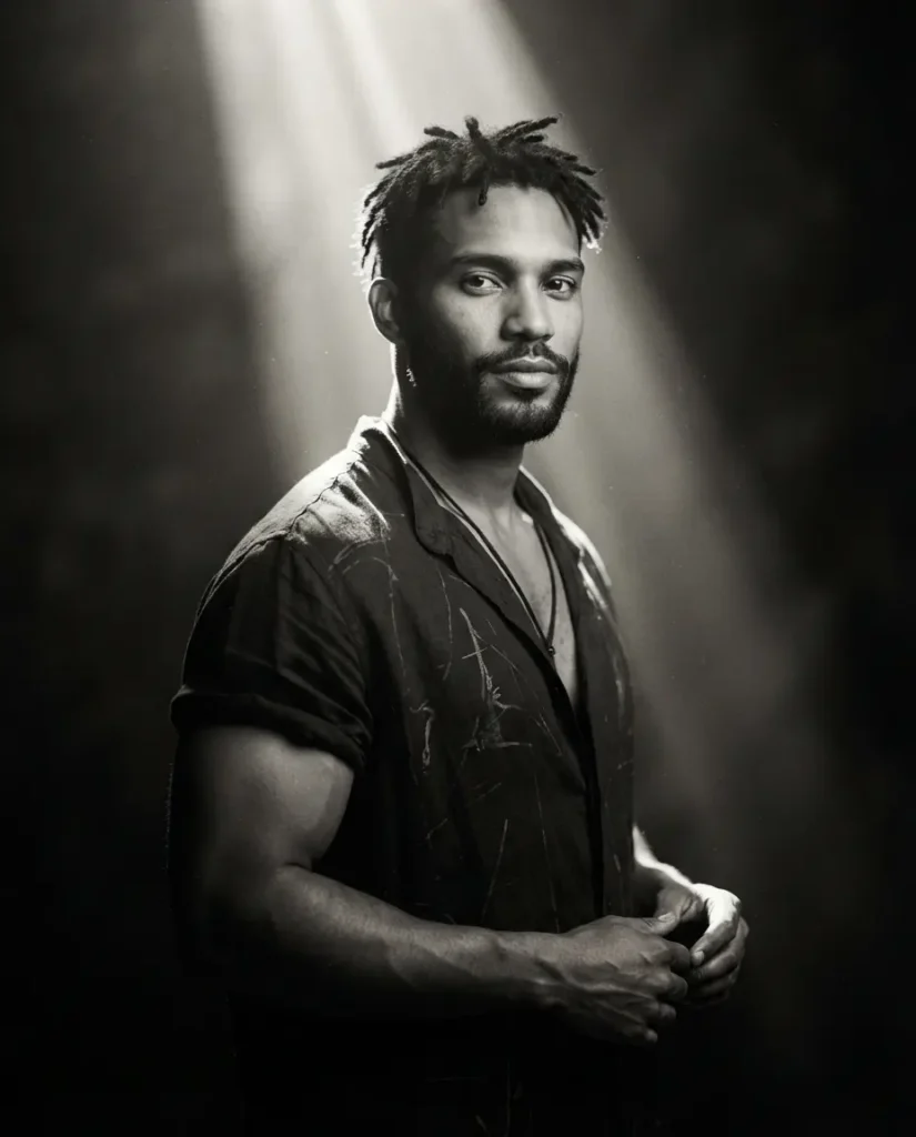Hombre gay con rastas y camisa oscura, retrato lateral en penumbra.