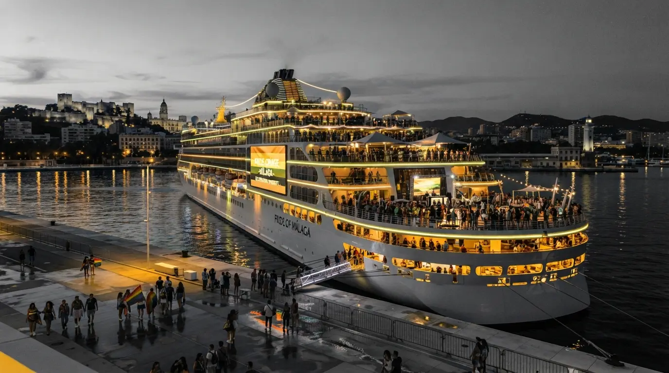 Crucero iluminado atracado en el puerto de Málaga de noche, con pasajeros y bandera arcoíris en el muelle.