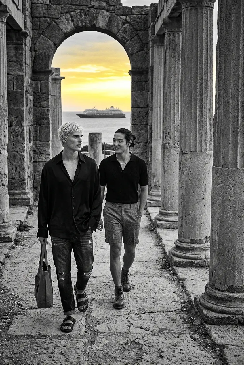 Dos hombres caminando entre columnas de ruinas antiguas, con un crucero visible en el mar al fondo.
