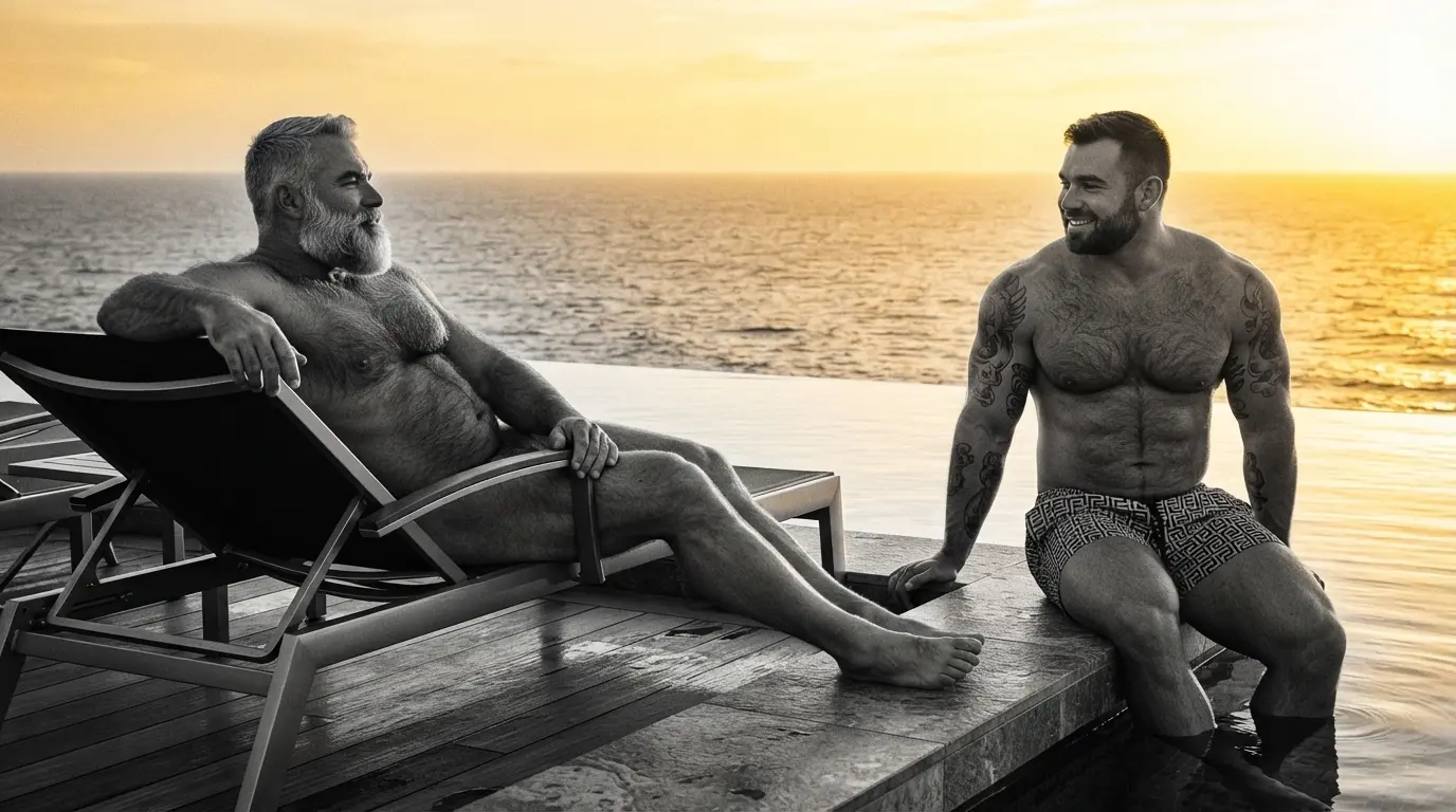 Dos hombres gay maduros sentados junto a una piscina infinita al atardecer.