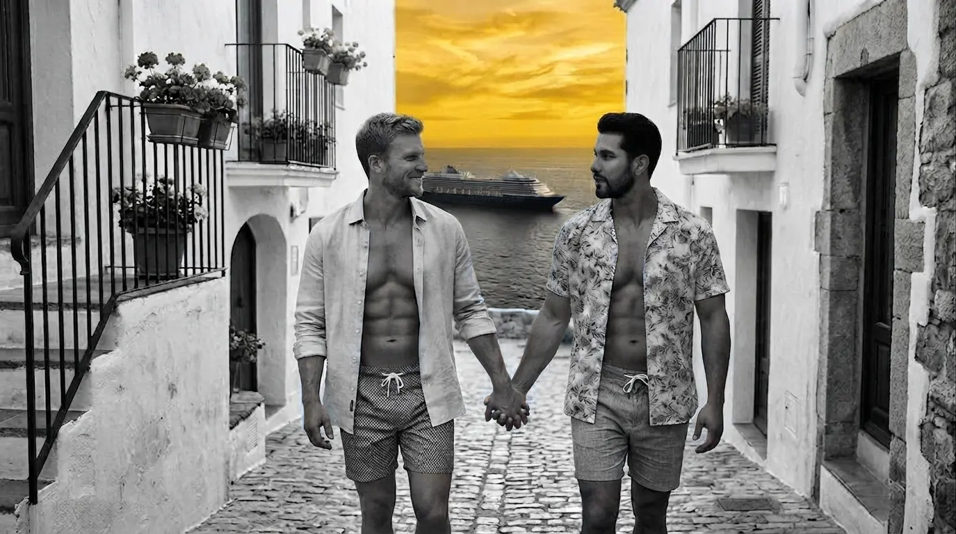 Dos hombres tomados de la mano caminando por una calle empedrada de pueblo blanco, con un crucero al fondo al atardecer.