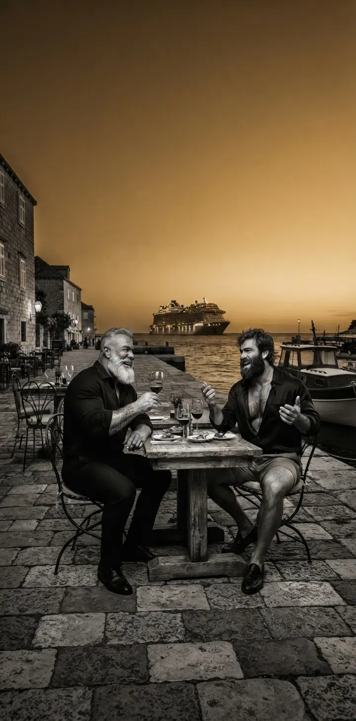 Dos hombres brindando con vino en una mesa junto al puerto, con un crucero iluminado de fondo al atardecer.
