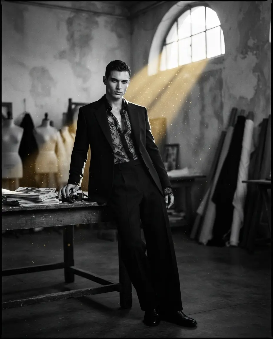 Hombre con traje oscuro y camisa de encaje, apoyado en una mesa de taller de costura.