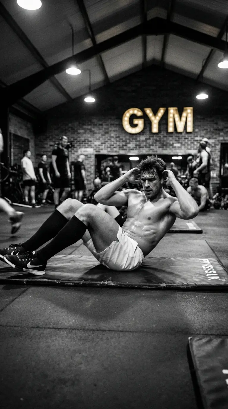 Hombre haciendo abdominales en un gimnasio con letrero GYM al fondo.