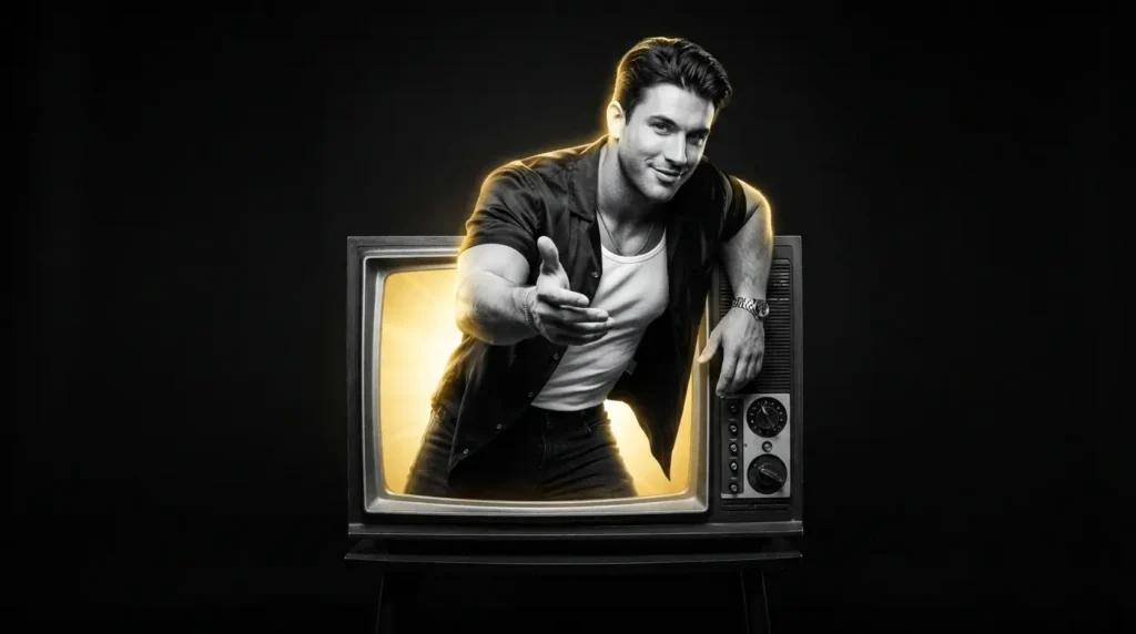 Hombre gay saliendo de una televisión antigua, ilustrando el vínculo entre la ficción y la identidad.