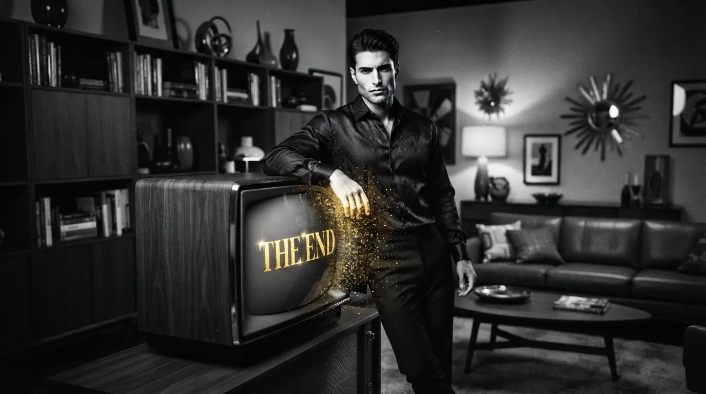 Hombre gay con estilo apoyado en una televisión con el mensaje the end. El entorno es vintage.