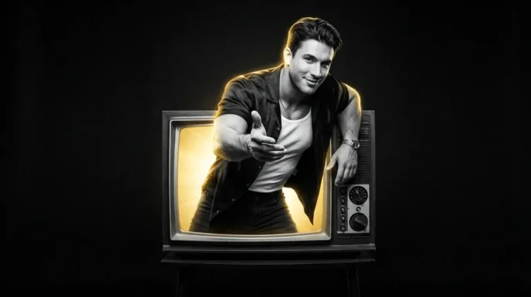 Hombre gay saliendo de una televisión antigua, ilustrando el vínculo entre la ficción y la identidad.