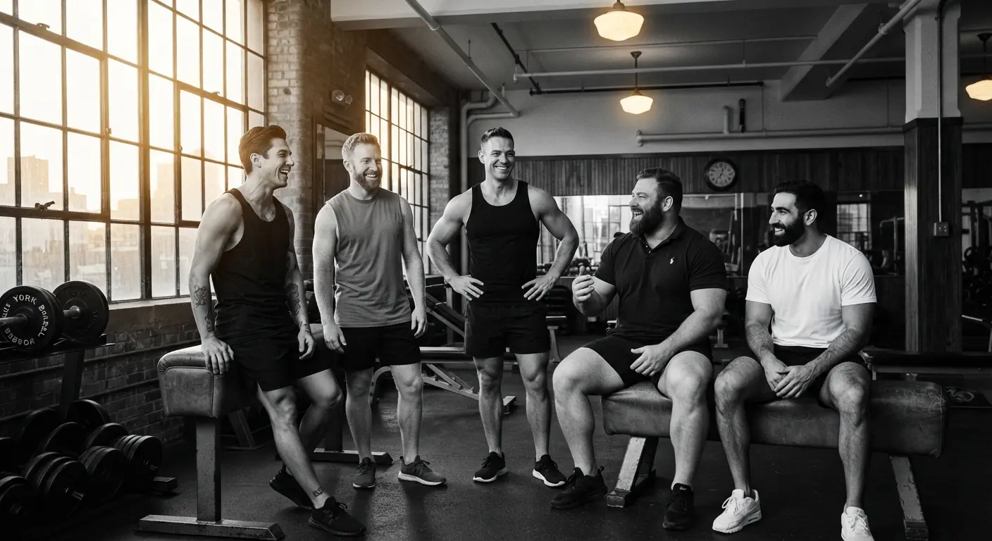 Grupo de cinco hombres gay conversando y riendo en el gimnasio.