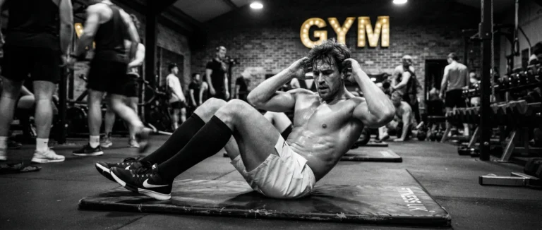 Hombre gay haciendo abdominales en el gimnasio.