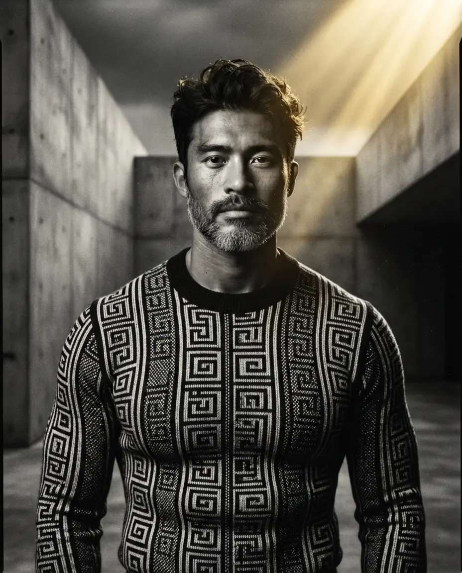 Hombre gay maduro con barba canosa y jersey de punto, retrato en un entorno arquitectónico de hormigón.