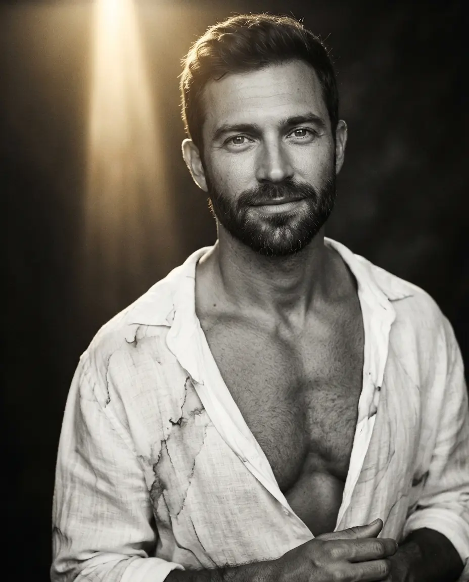 Hombre gay sonriente con camisa abierta, expresando autenticidad y confianza