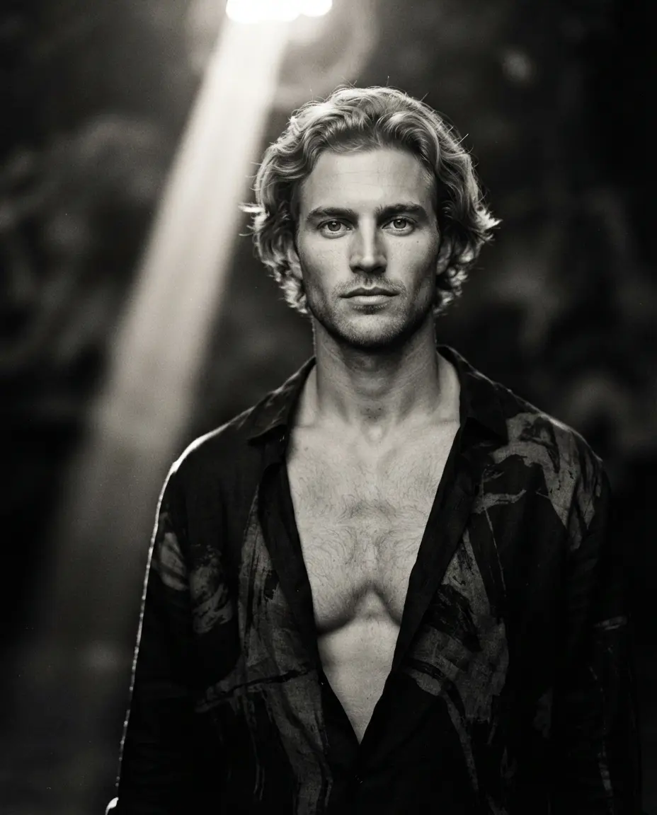 Hombre gay joven de mirada serena con camisa oscura entreabierta, retrato en blanco y negro.