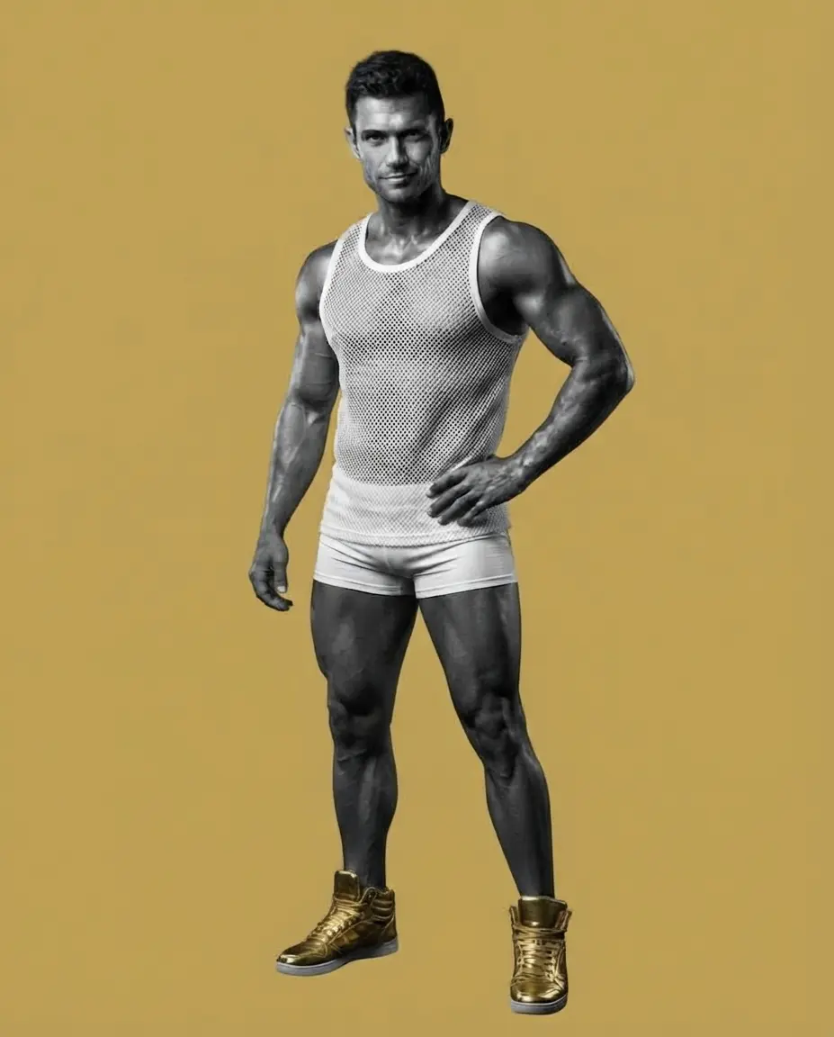 Hombre gay musculado posando con camiseta de rejilla y zapatillas doradas sobre fondo dorado.