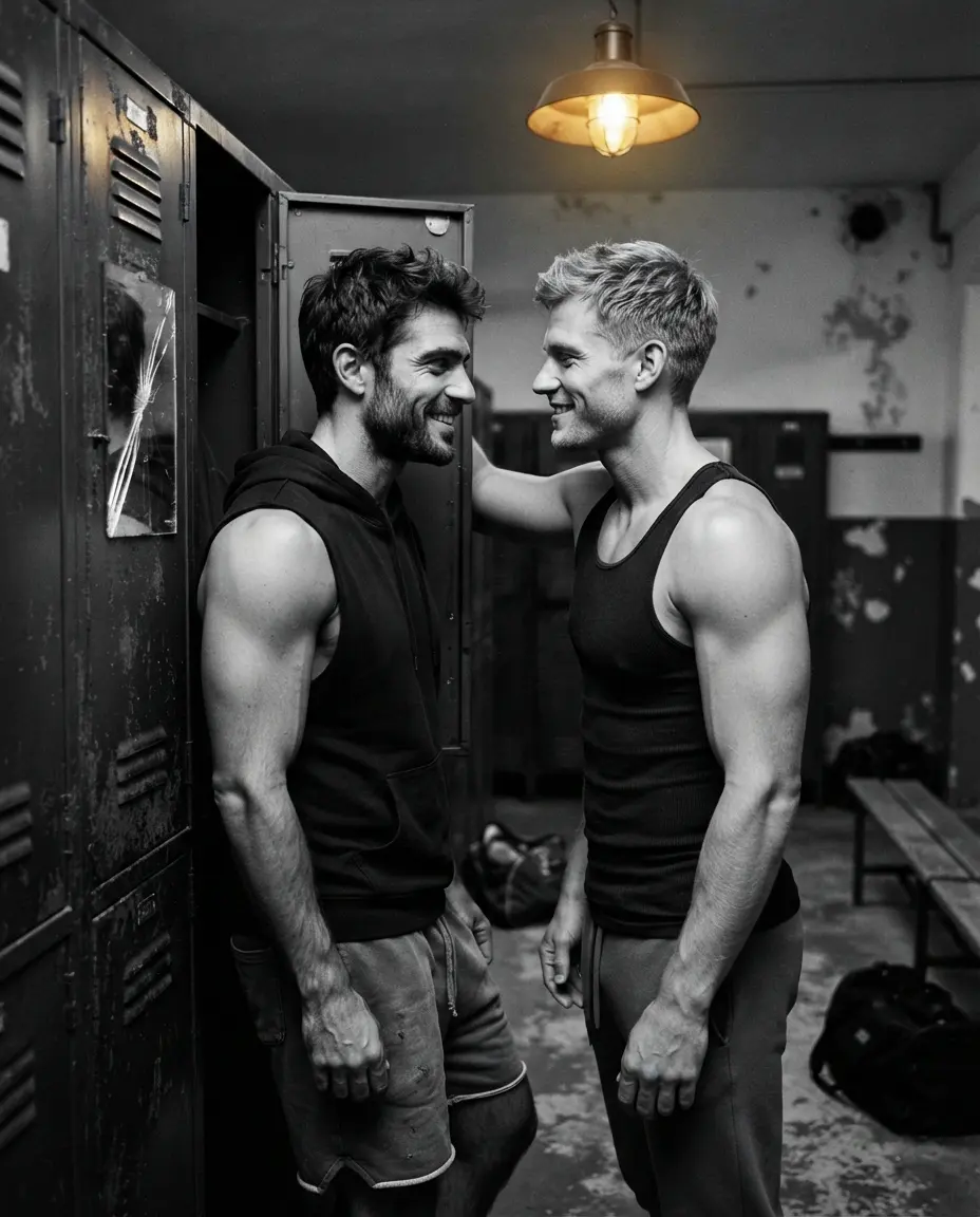 Dos hombres sonriendo frente a frente junto a los casilleros del gimnasio
