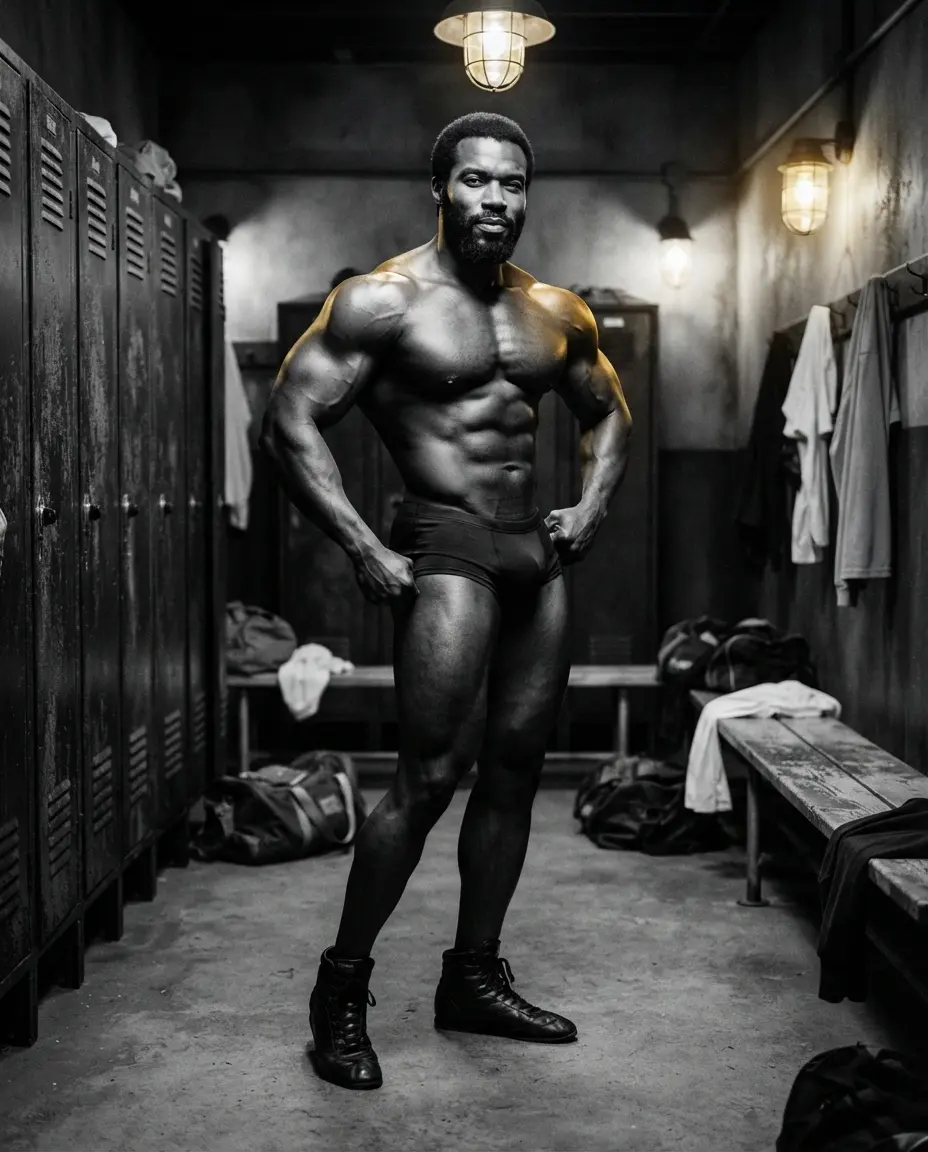 Hombre gay negro muy musculado posando en un vestidor de gimnasio.