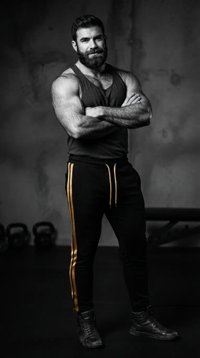 Hombre gay con barba y brazos cruzados posando en un gimnasio con luz tenue.