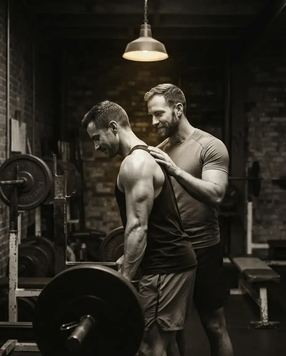 Dos hombres en el gimnasio, uno ayudando en el entrenamiento del otro.