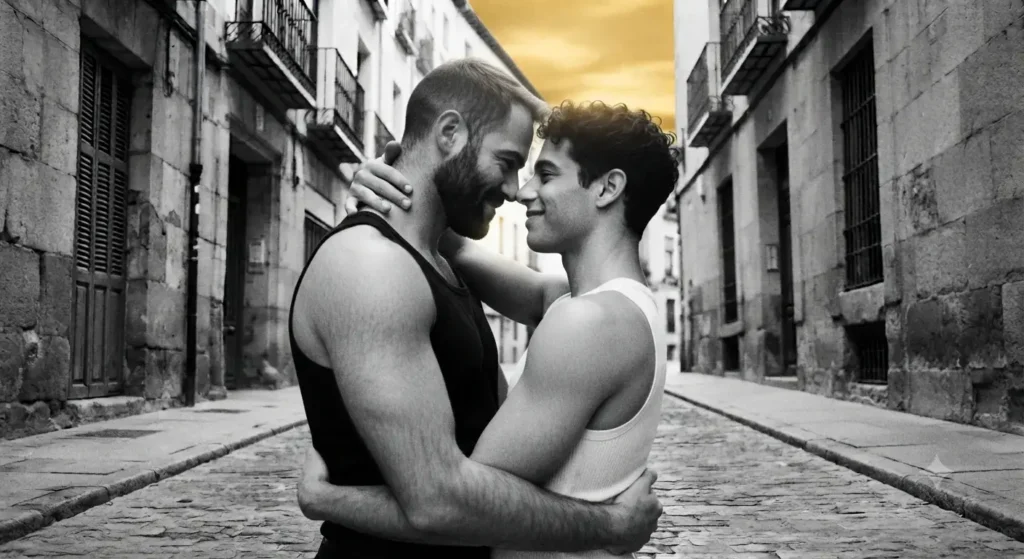 Pareja de hombres gais abrazados y mirándose el uno al otro.