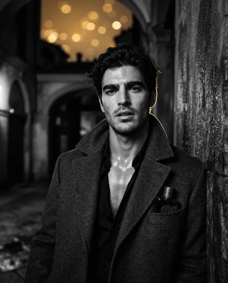 Hombre con abrigo de lana caminando de noche, con un frasco de perfume en el bolsillo del abrigo.